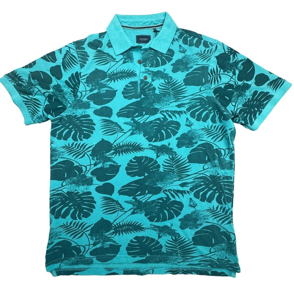7 Diamonds Polo Shirt Mens Teal Blue Medium Short Sleeve Hawaiian Print Stretch